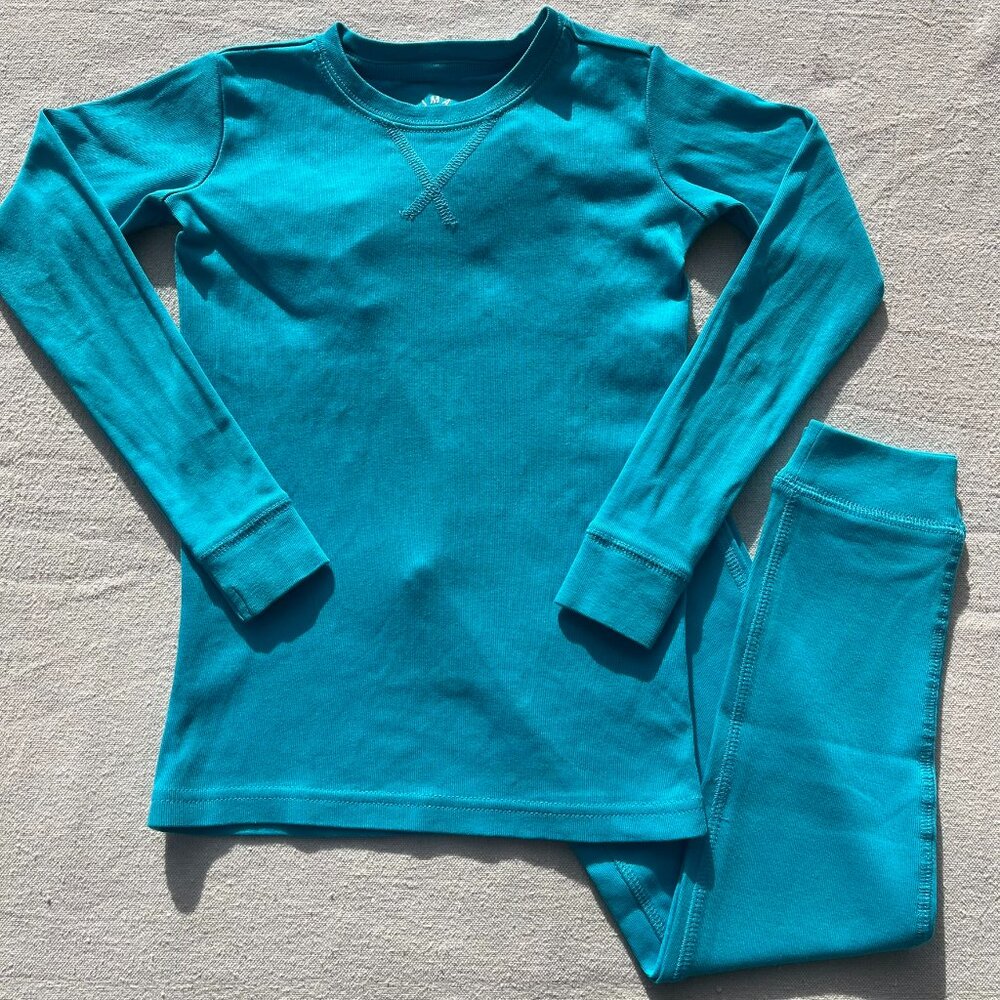 Primary Organic Long-Sleeve PJ Top and Pants, "Peacock" color, Size 4-5, VGUC